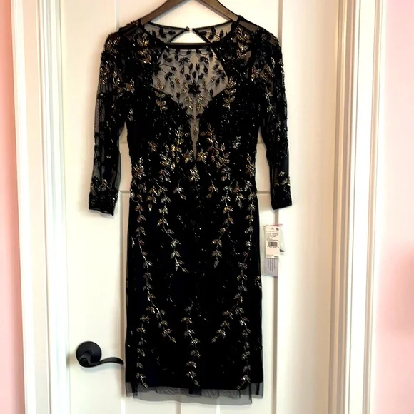 aidan mattox black cocktail dress Aidan Mattox Black Cocktail Dress with Ornament Pattern – Popcorn's Closet main image 1